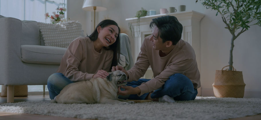 Asian couple shares a joyful moment while playing with their dog